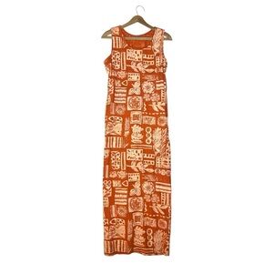 IVY 100% Linen Tiki Hawaiian Tropical Print Sleeveless Artsy Maxi Dress